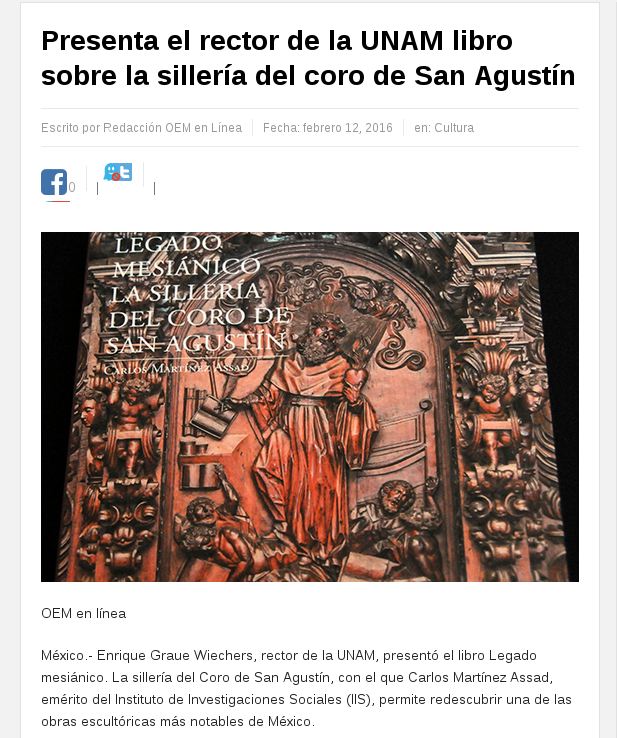 Lee más sobre el artículo Presenta el rector de la UNAM libro sobre la sillería del coro de San Agustín