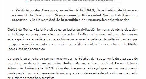 Lee más sobre el artículo La autonomía universitaria, instrumento fundamental contra el pensamiento único: González Casanova