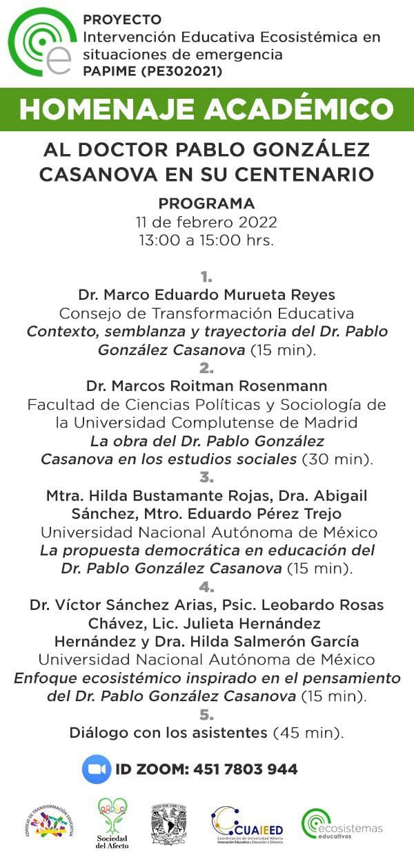 Lee más sobre el artículo Homenaje académico al doctor Pablo González Casanova en su centenario